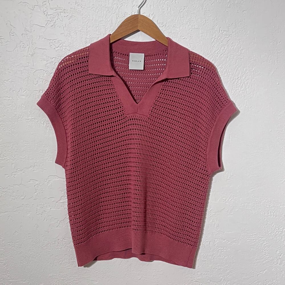 Varley Pink Crochet Open Knit Polo Top V Neck Relaxed Sweater Women's